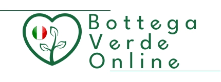 Logotipo da Bottega Verde Online com coração, planta e bandeira da Itália, destacando saúde natural e origem italiana.